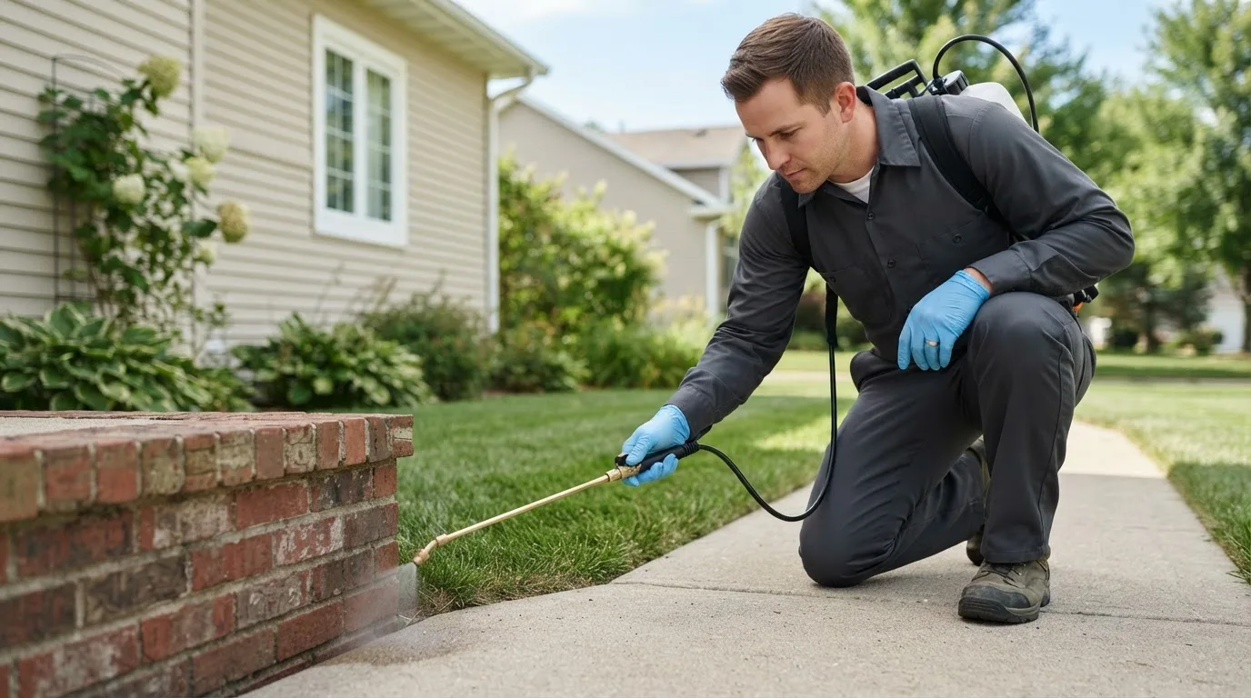 Pest control technician treating a home near Bartelso, IL