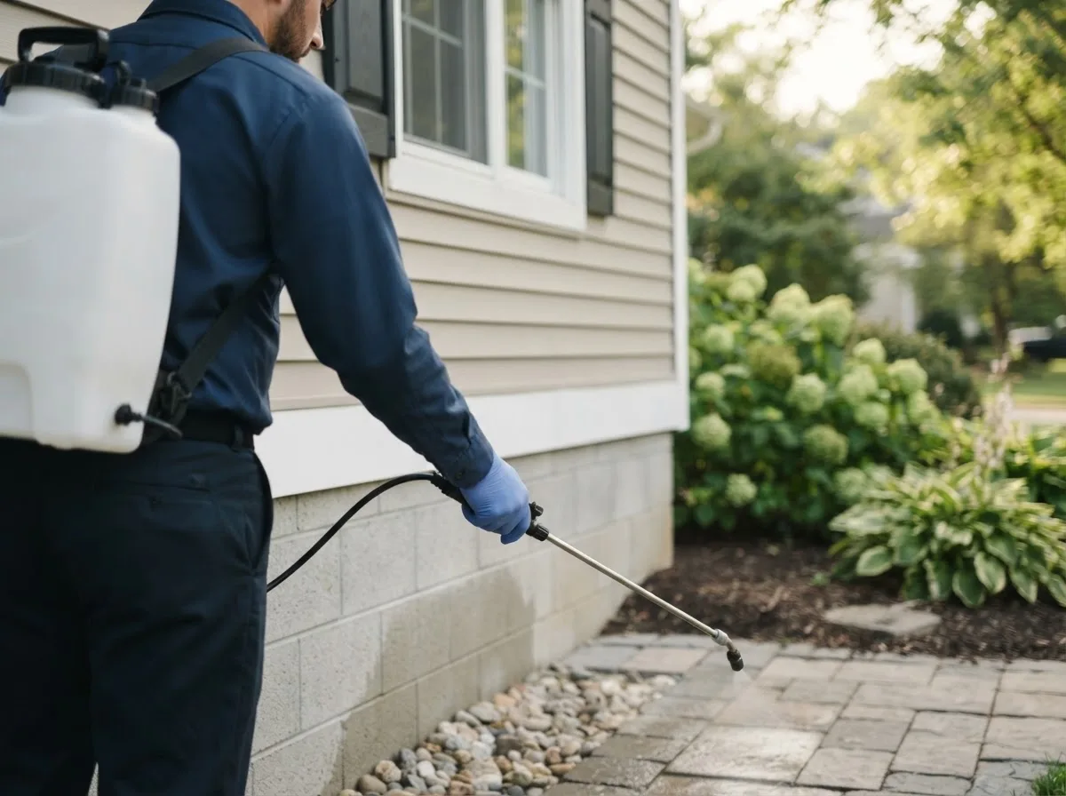 Pest control technician inspecting a home in Bartelso, IL